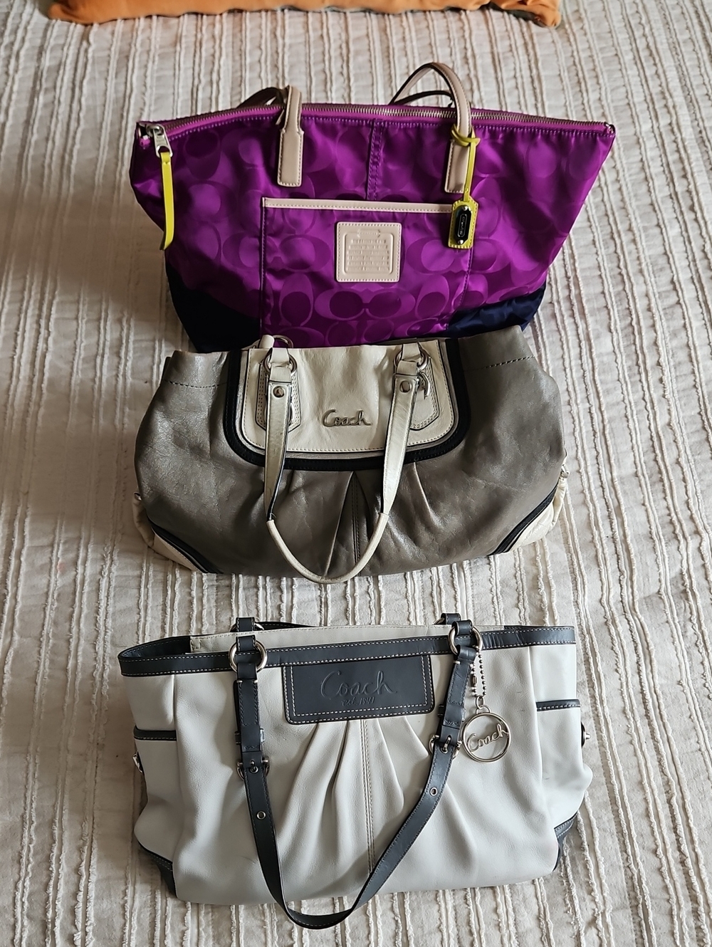 Coach Purple, Gray and White, And Taupe and Cream Women's Purse Trio